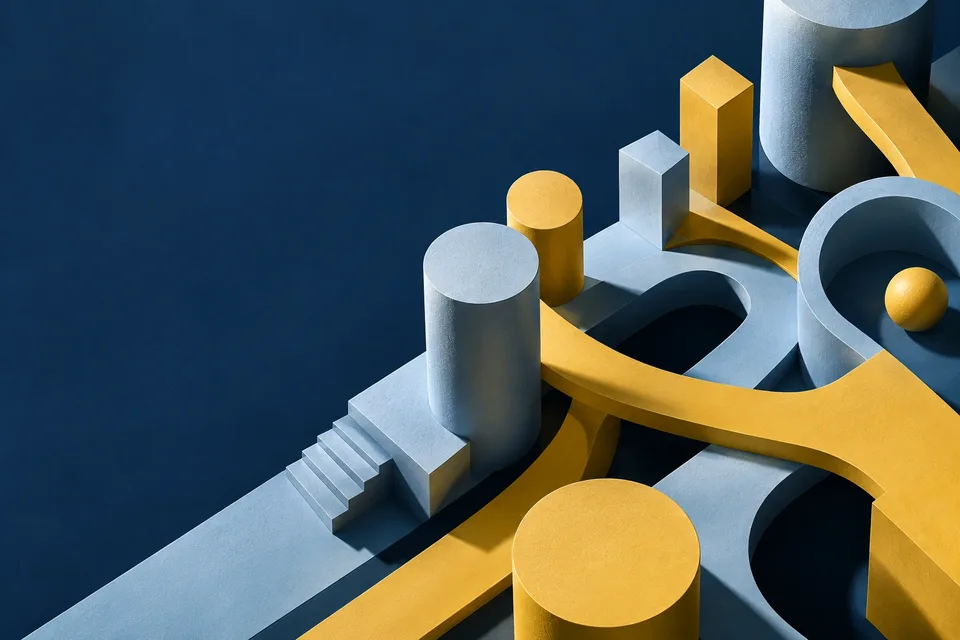 Conceptual city forms connected by a shared pathway