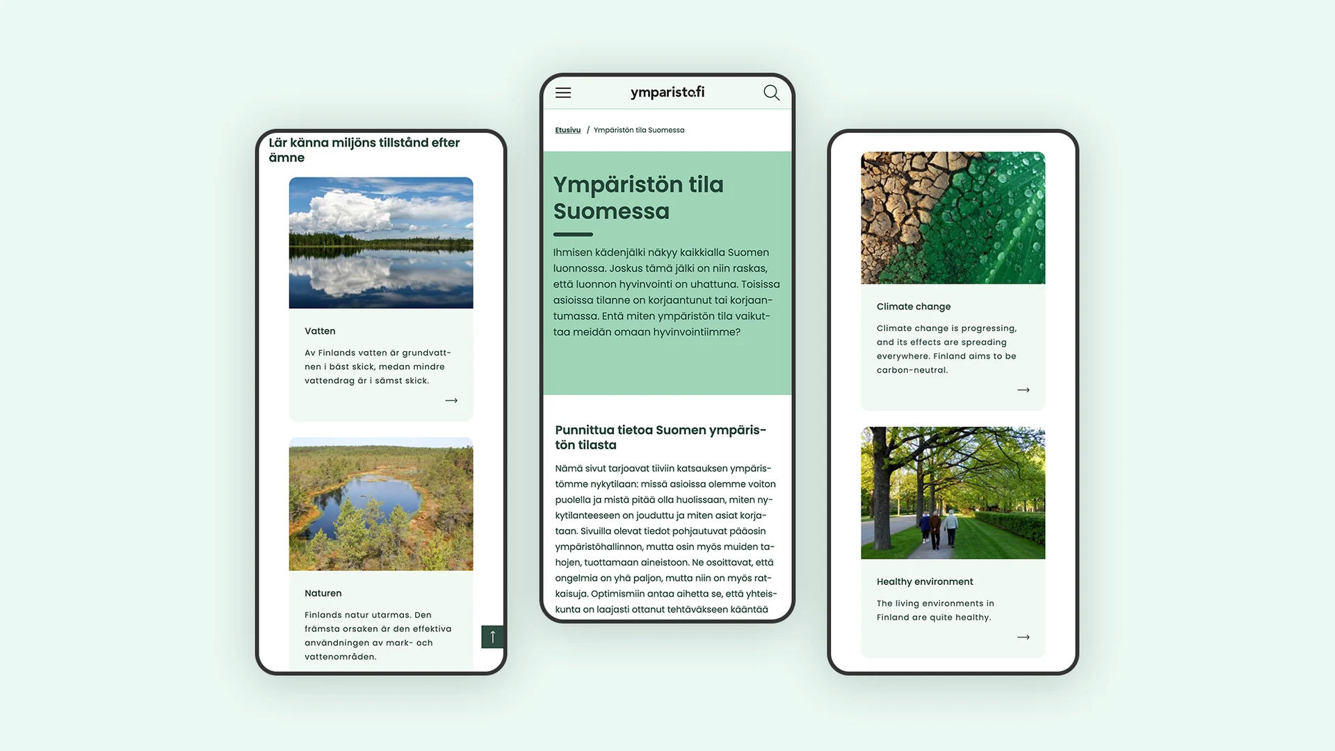 ympäristö.fi websites mobile version on different pages of the website