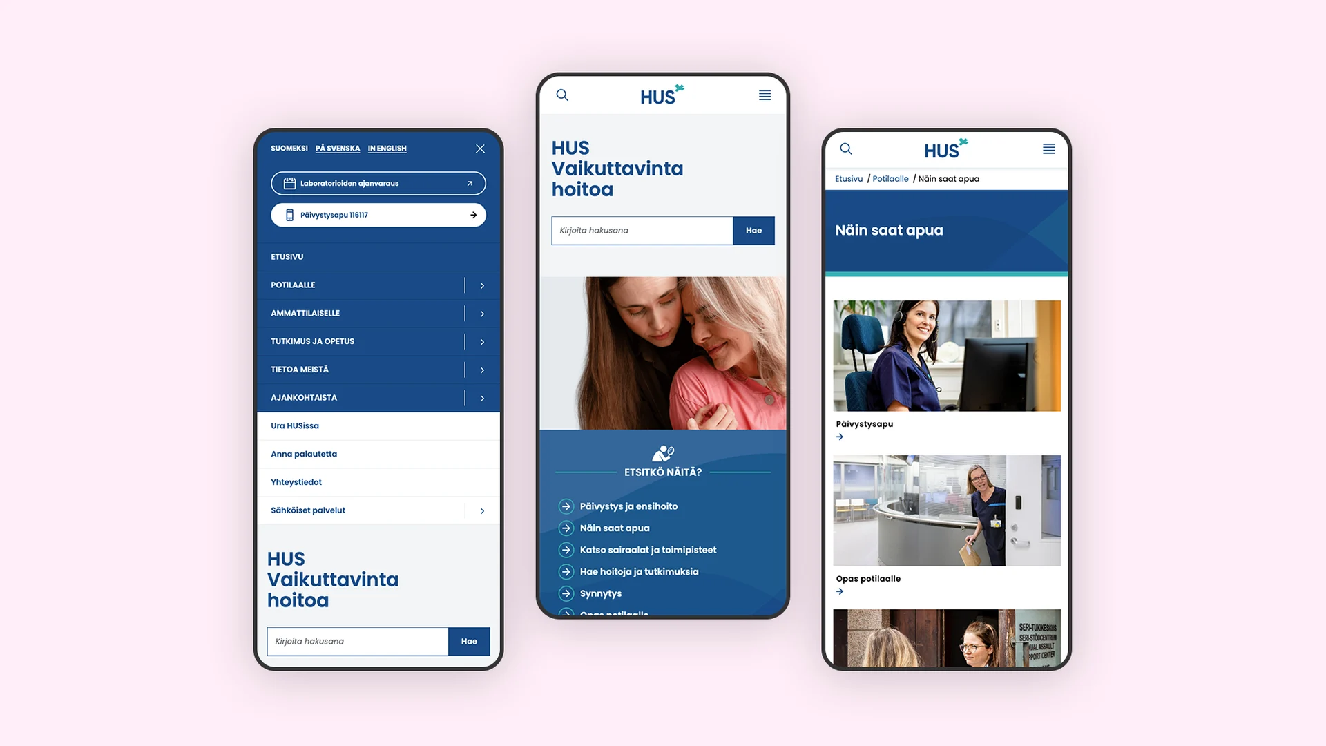3 mobile screenshots of HUS website