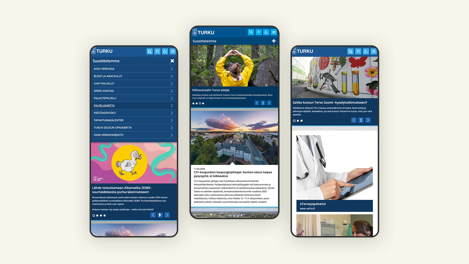 3 mobile screenshots of Turku city website
